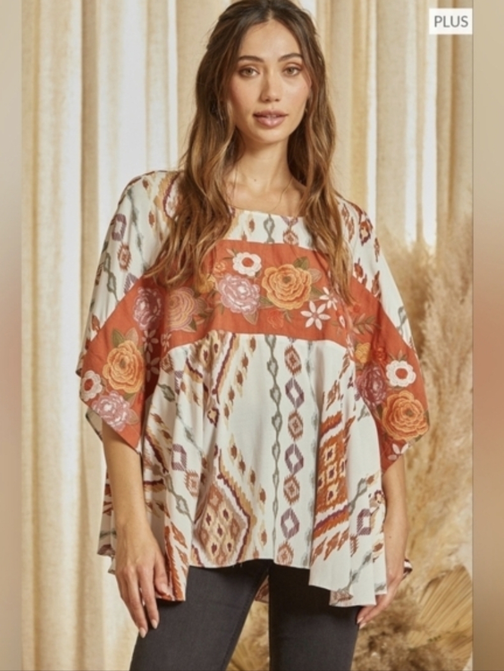 Savanna Jane Boho Floral Patchwork Top in Rust & Cream, Size 1x/2x. NWT
